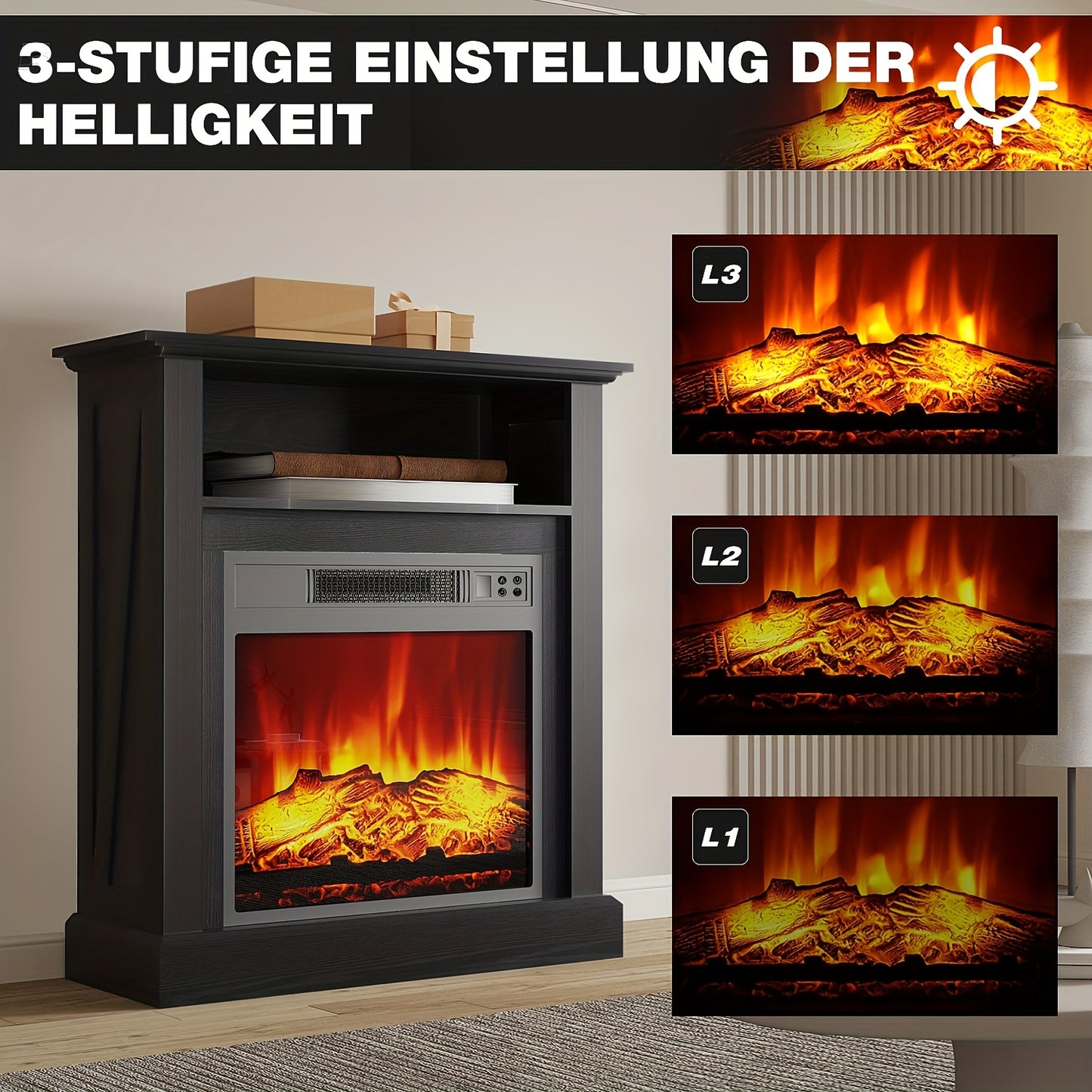 Elektrische Haard – Vuurtafel – Haardkachel – Sfeerkachel – Vuurkorf – Realistisch 3D Vlammenbeeld – Verwarming 1800-2000W voor 30 m² – Vrijstaand Zwart Met Mantel