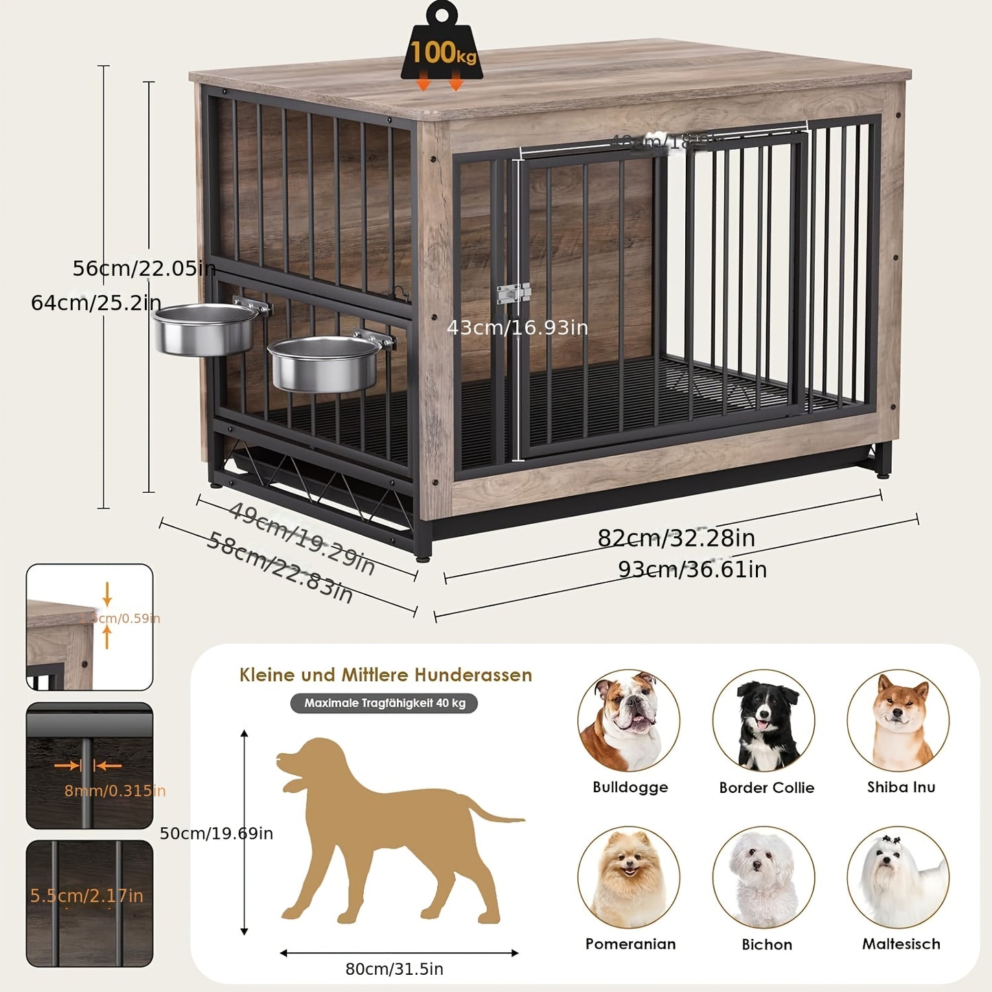 Hondenbench – Hondenren – Kattenren – Hondenhok – Kattenhuis – Houten MDF & Metaal – Afneembare Tray & 2 RVS Voerbakken – 93x58x64 cm – Voor Huisdieren Tot 40 kg
