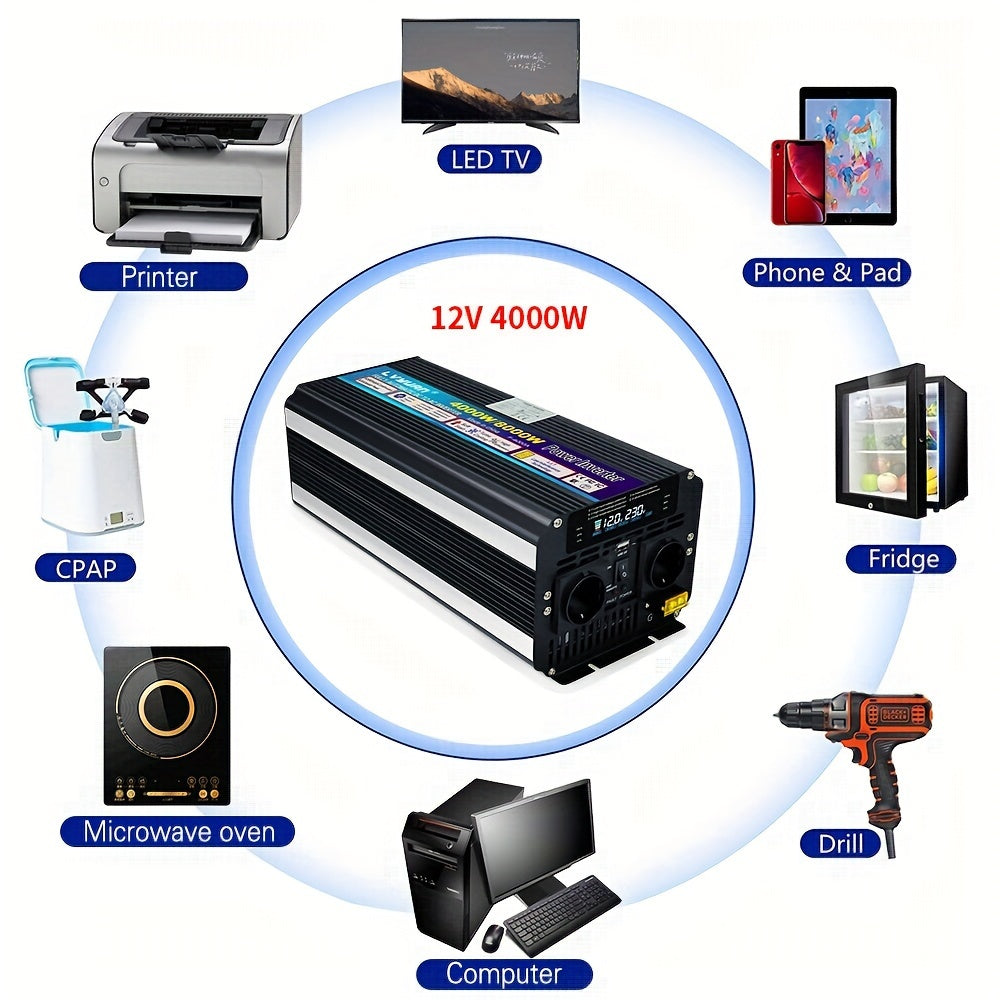 Spanningsomvormer – Omvormer – Stroomomzetter – 12V Naar 230V – 4000W Continu Vermogen – USB Poort – LED Display