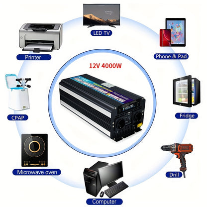 Spanningsomvormer – Omvormer – Stroomomzetter – 12V Naar 230V – 4000W Continu Vermogen – USB Poort – LED Display