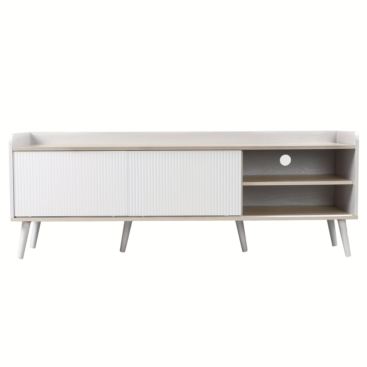Modern TV Stand with Two Drawers & Sliding Doors - White & Natural Wood Finish, 147.32cm H x 101.6cm W, 2-Drawer Storage, Compact Design for Living Room or Bedroom, Bedroom Tv Desk | Minimalist Tv Stand | Metal Frame, TV Tabl