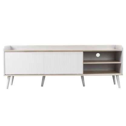 Modern TV Stand with Two Drawers & Sliding Doors - White & Natural Wood Finish, 147.32cm H x 101.6cm W, 2-Drawer Storage, Compact Design for Living Room or Bedroom, Bedroom Tv Desk | Minimalist Tv Stand | Metal Frame, TV Tabl