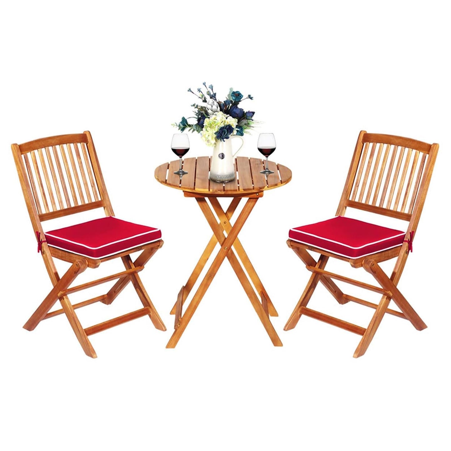 Bistroset – Tuinset – Balkonset – Eettafelset – Tuinmeubilair – Inklapbaar – Acaciahouten 3-delig met Rood Kussen