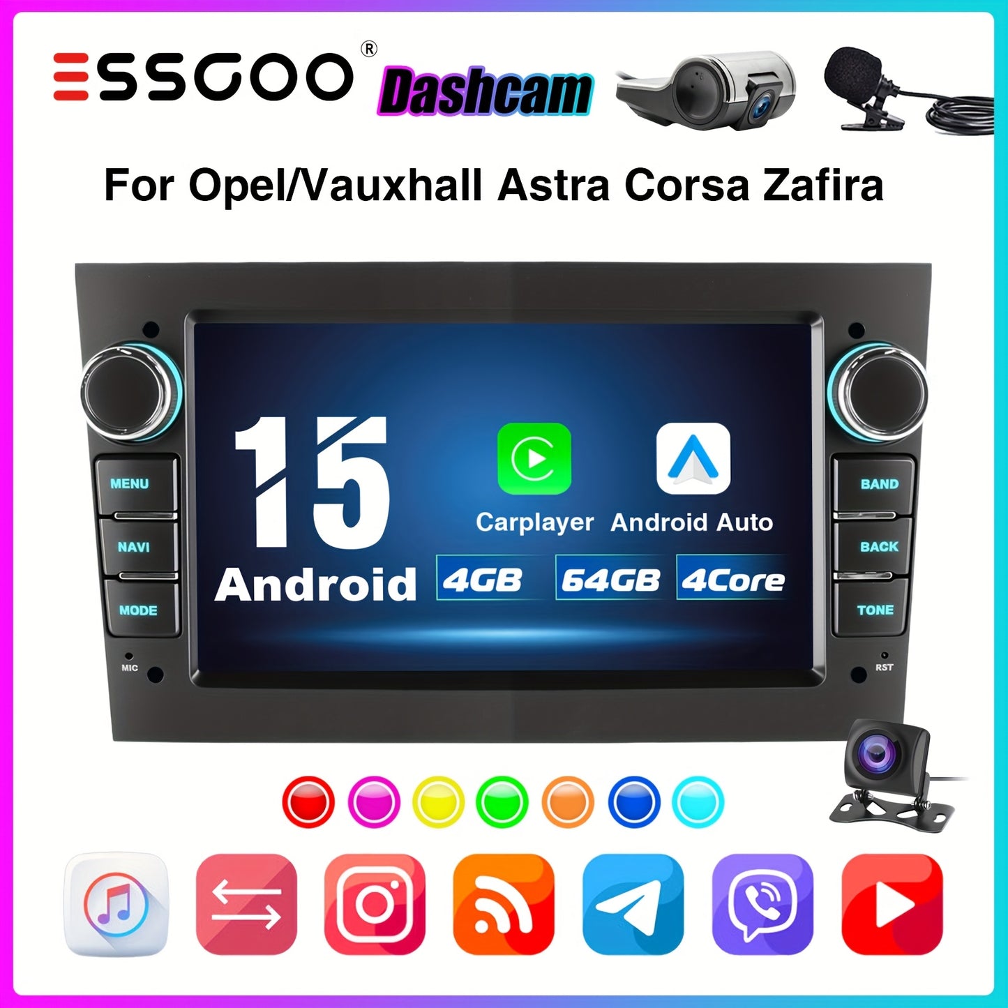 Autoradio – Multimedia Systeem – Navigatie Radio – Touchscreen Radio – 7-inch Android 15 Autoradio – Inclusief Dashcam & AHD Achteruitrijcamera – 4GB RAM & 64GB Opslag