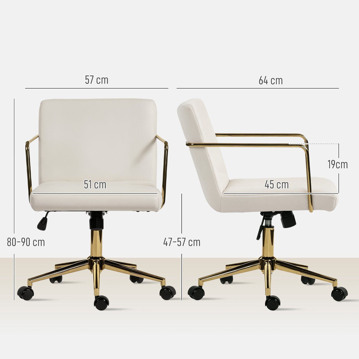 Bureaustoel – Kantoorstoel – Gamestoel – Draaistoel – Werkstoel – Velvet-Look Stof – Metaal Onderstel – Crèmekleur Met Gouden Accenten
