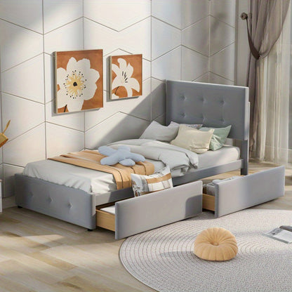 Eenpersoonsbed – Eenpersoonsbedden – Kinderbed – Opbergbed – Logeerbed – Verstelbaar Hoofdsteun – 2 Opberglades – Licht Beige Velours – Lattenbodem – Geen Montage