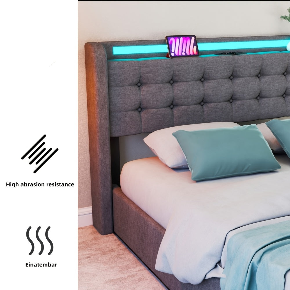 Bed – Ottomane Bed – Opbergbed – Gaslift Bed – Gestoffeerd Bed – 140x200 cm – Hydraulische Lift – Ingebouwde LED Verlichting