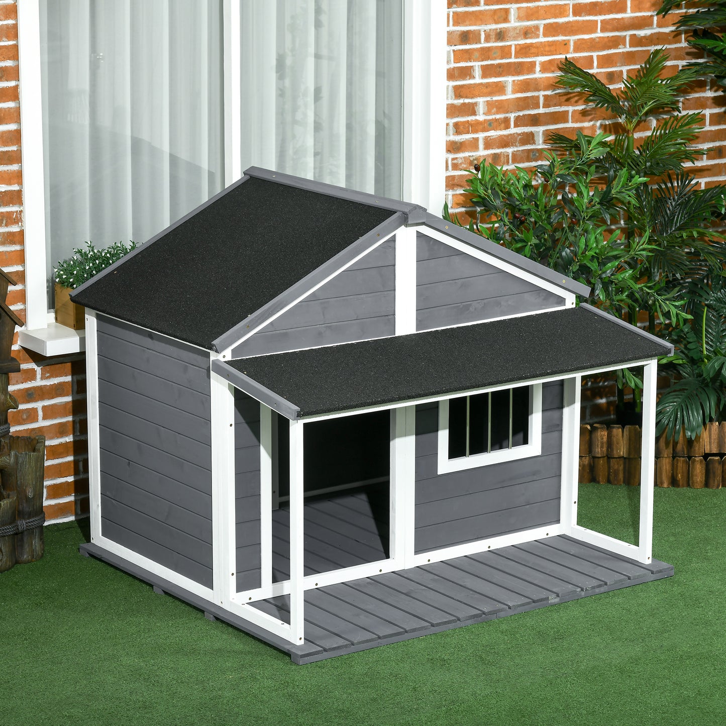Buitenhondenkennel – Hondenhok – Buitenkennel – Hondenhuis – Hondenverblijf – Grijs – Weerbestendig Materiaal – Ruime Veranda 124x112x105 cm