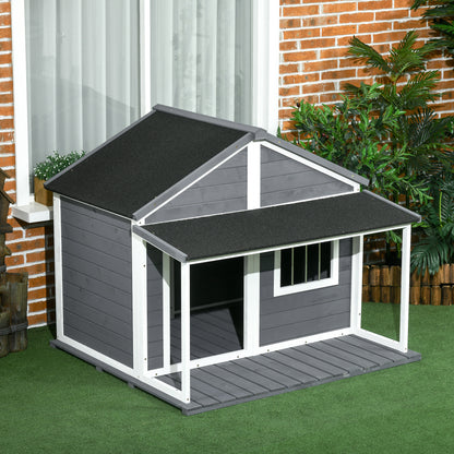 Buitenhondenkennel – Hondenhok – Buitenkennel – Hondenhuis – Hondenverblijf – Grijs – Weerbestendig Materiaal – Ruime Veranda 124x112x105 cm