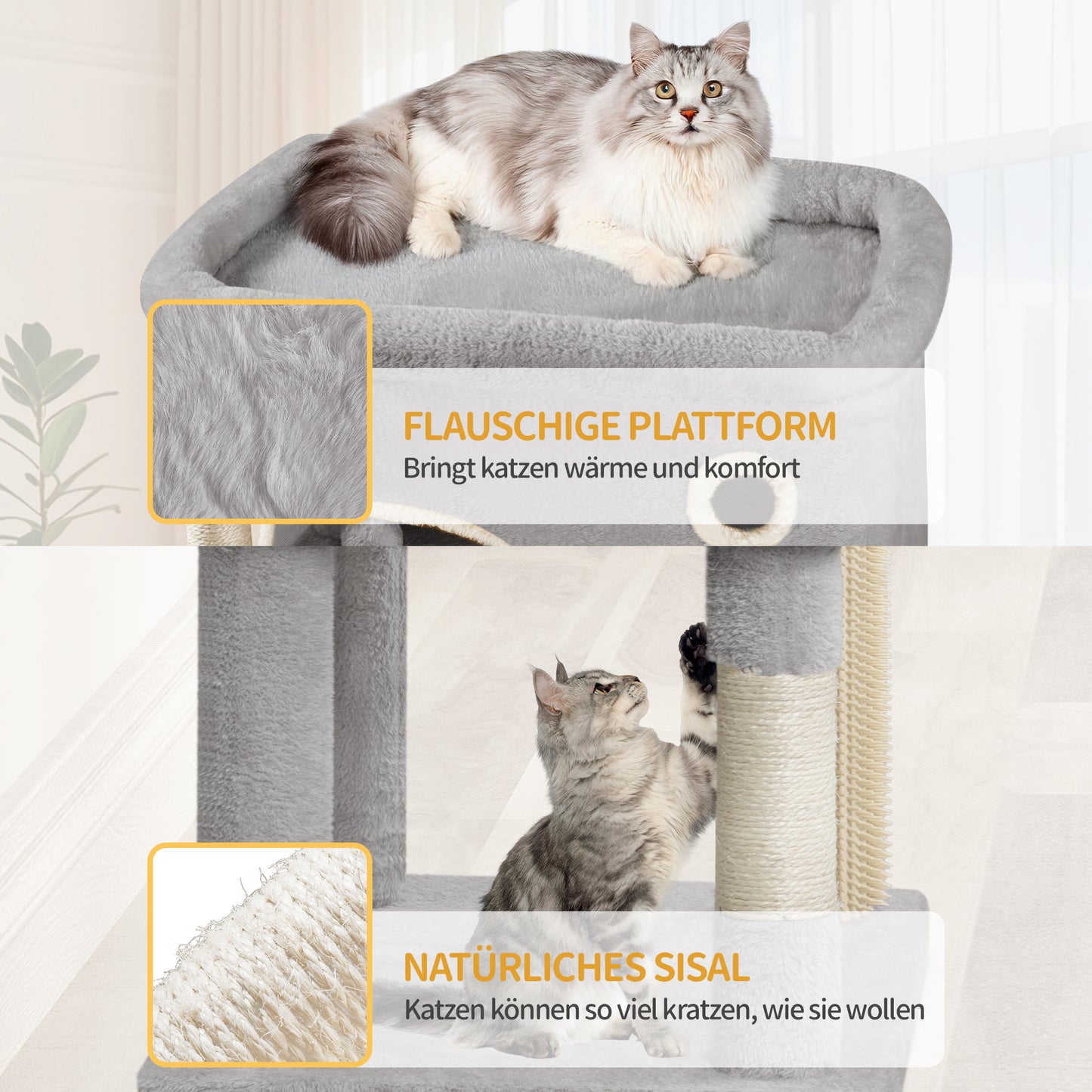 Krabpaal – Kattenboom – Kattenmeubel – Kattenhuis – Krabtoren – 203 cm Hoog – 7 Sisal Krabpalen Met Grote Platforms En Holletjes – Lichtgrijs/Donkergrijs/Beige