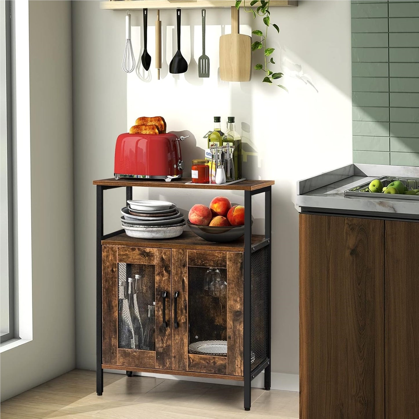 Wijnkastje – Wijnrek – Wijnmeubel – Wijnopslag – Wijnkast – Afneembaar Wijnrek – Glashouder – Industrieel Hout Metaal – Compact 60x34x79 cm