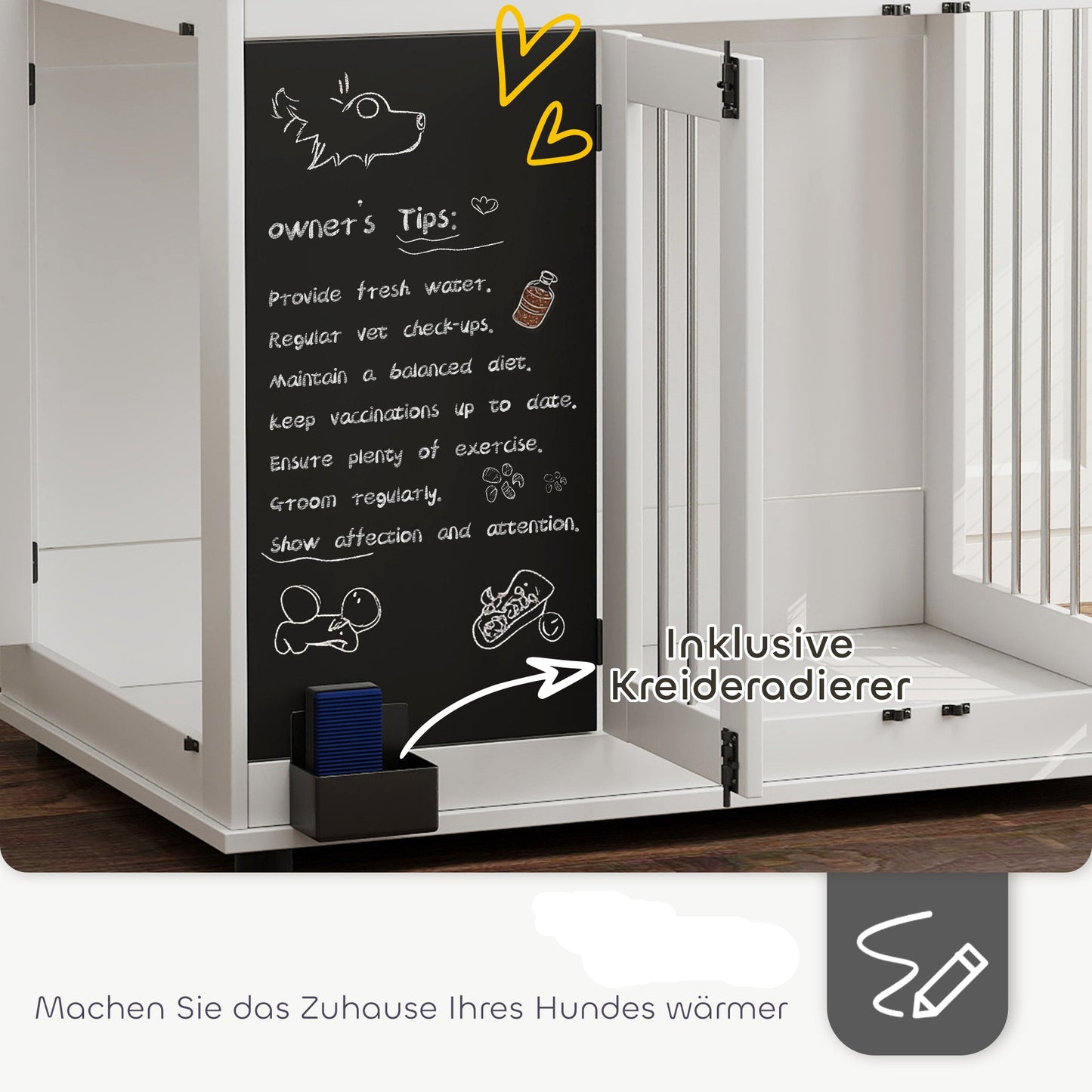 Hondenbench – Hondenkooi – Hondenhok – Hondenbench Met Opbergruimte – Grote Honden – Wit – Ruim En Stevig Ontwerp – Inclusief Krijtbord En Haken