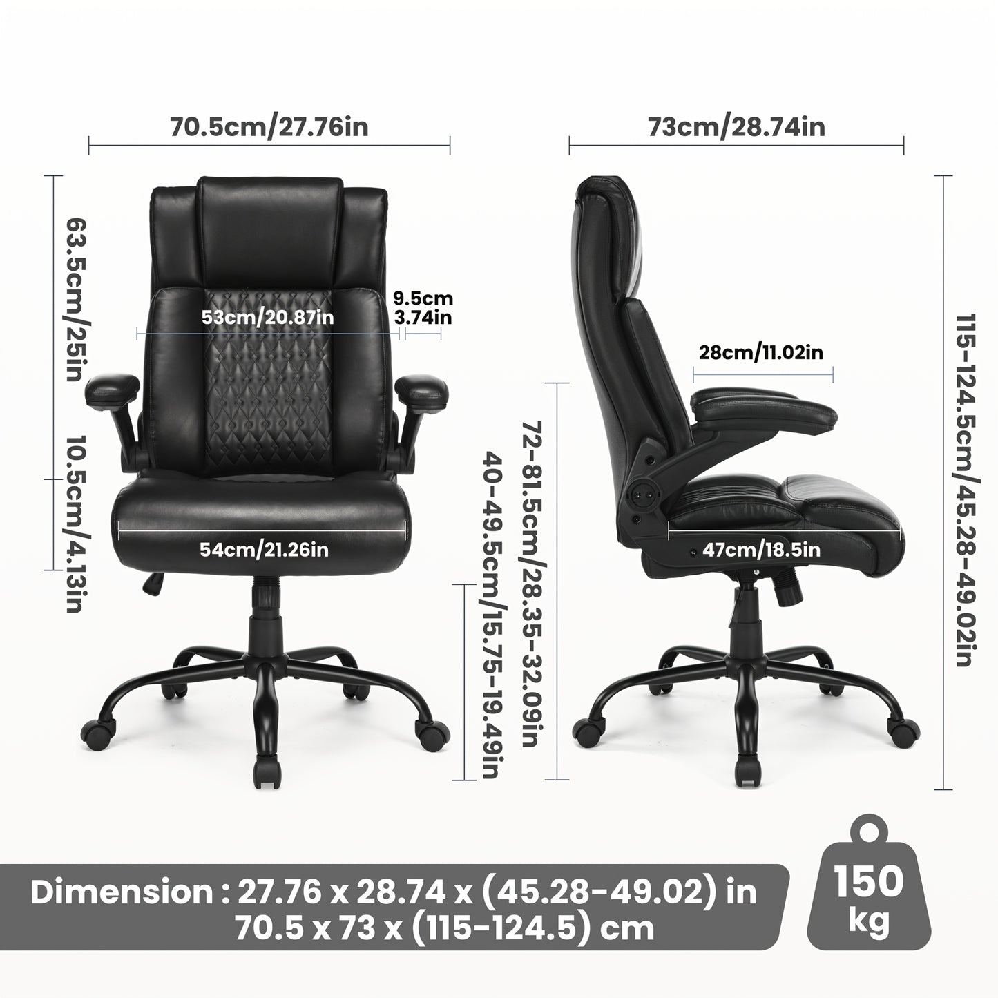 Bureaustoel – Kantoorstoel – Directiestoel – Office Chair – Bureau Stoel – Ergonomisch Design – Breed Zitvlak 54 cm – PU Lederen Bekleding – Verstelbare Rugleuning – Opklapbare Armleuningen – Max 150 kg