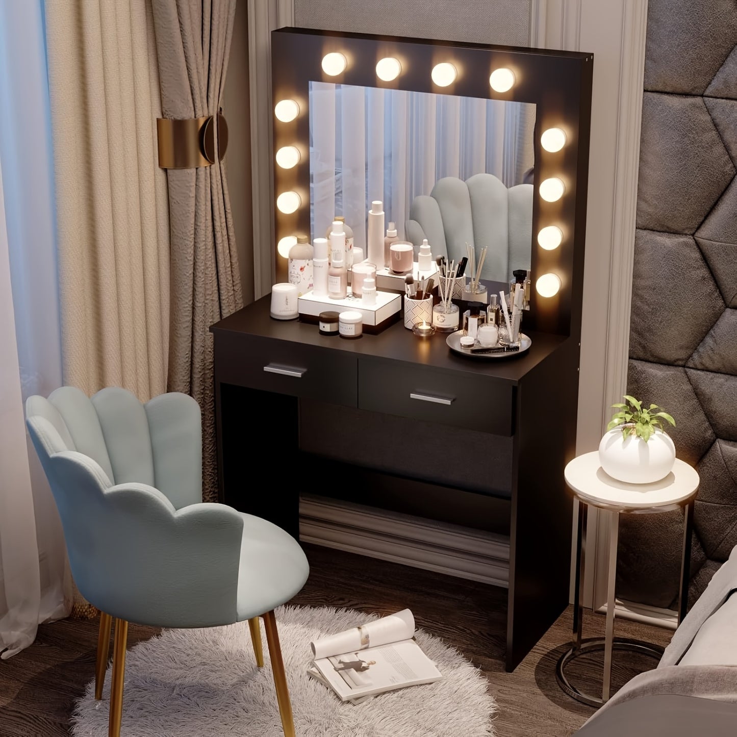 Kaptafel – Make-up Tafel – Schminktisch – Verzorgingstafel – Vanity – Zwart Ontwerp – Twee Grote Laden – Ruime Spiegel – Compact Formaat
