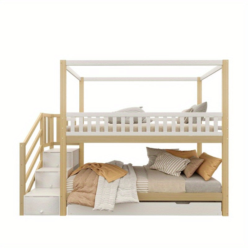 Hoogslaper – Loftbed – Stapelbed – Kinderbed – Eenpersoonsbed – Met Veiligheidshekken – Uitschuifbaar Bed – Opberglade – Wit/Naturel – 90x200 cm – Ruimtebesparend Design
