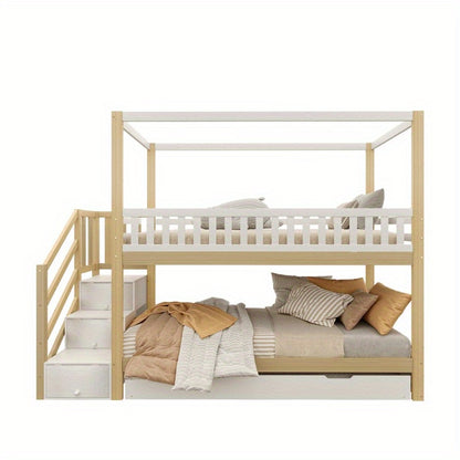 Hoogslaper – Loftbed – Stapelbed – Kinderbed – Eenpersoonsbed – Met Veiligheidshekken – Uitschuifbaar Bed – Opberglade – Wit/Naturel – 90x200 cm – Ruimtebesparend Design