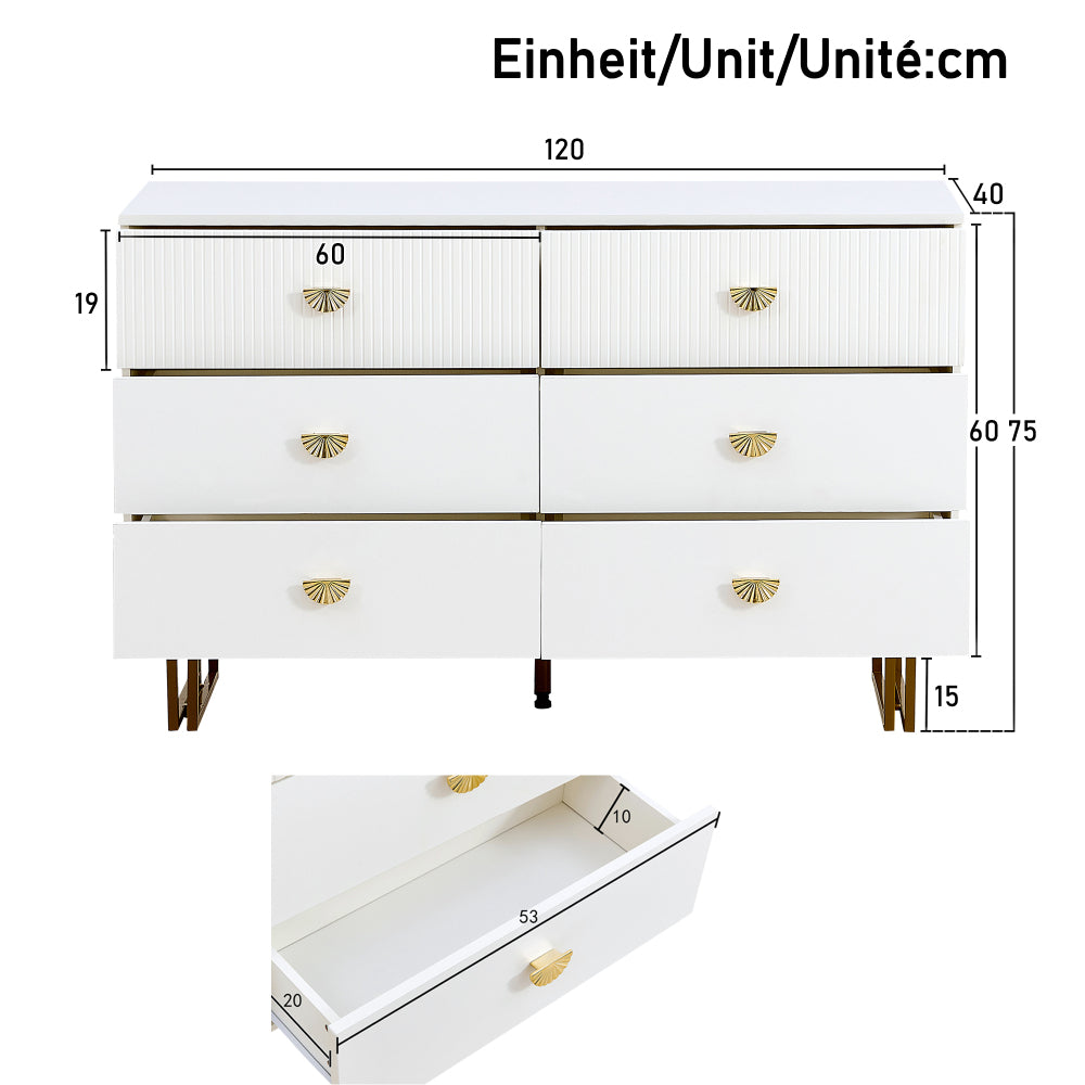 Dressoir – Sideboard – Ladekast – Opbergkast – Commode – Wit met Gouden Accenten – 6 Laden – 120x40x75 cm – Eigentijds Design