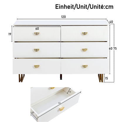 Dressoir – Sideboard – Ladekast – Opbergkast – Commode – Wit met Gouden Accenten – 6 Laden – 120x40x75 cm – Eigentijds Design