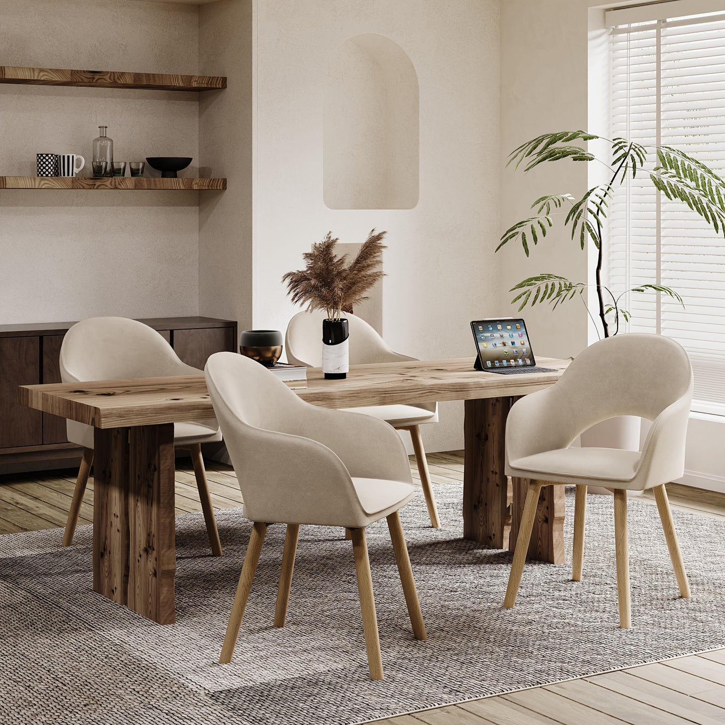 Eetkamerstoelen – Dining Stoelen – Armstoelen – Lounge Stoelen – Stoelen Met Armleuning – Set Van 4 – Licht Beige – Ergonomisch Met Houten Poten