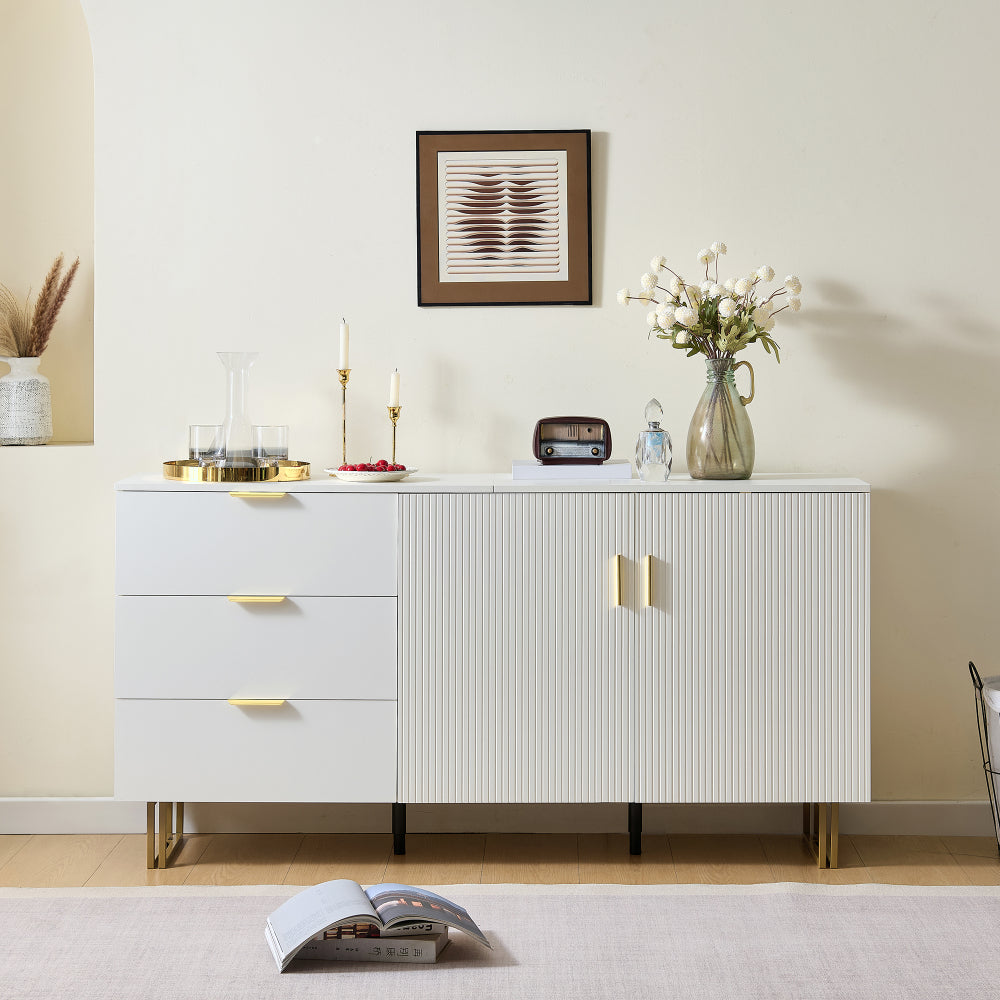 Dressoir – Wandkast – Opbergkast – Buffetkast – Ladekast – Wit Met Gouden Handvatten – 160 cm Breed – Stalen Poten