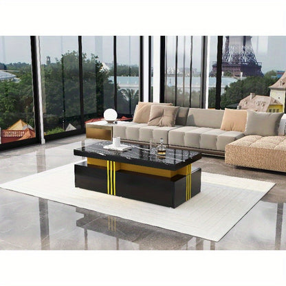 Moderne Salontafel – Koffietafel – Bijzettafel – Nachtkastje – Side Table – Marmerlook Hoogglans – 100x50x40 cm – 2 Lades & Metalen Frame