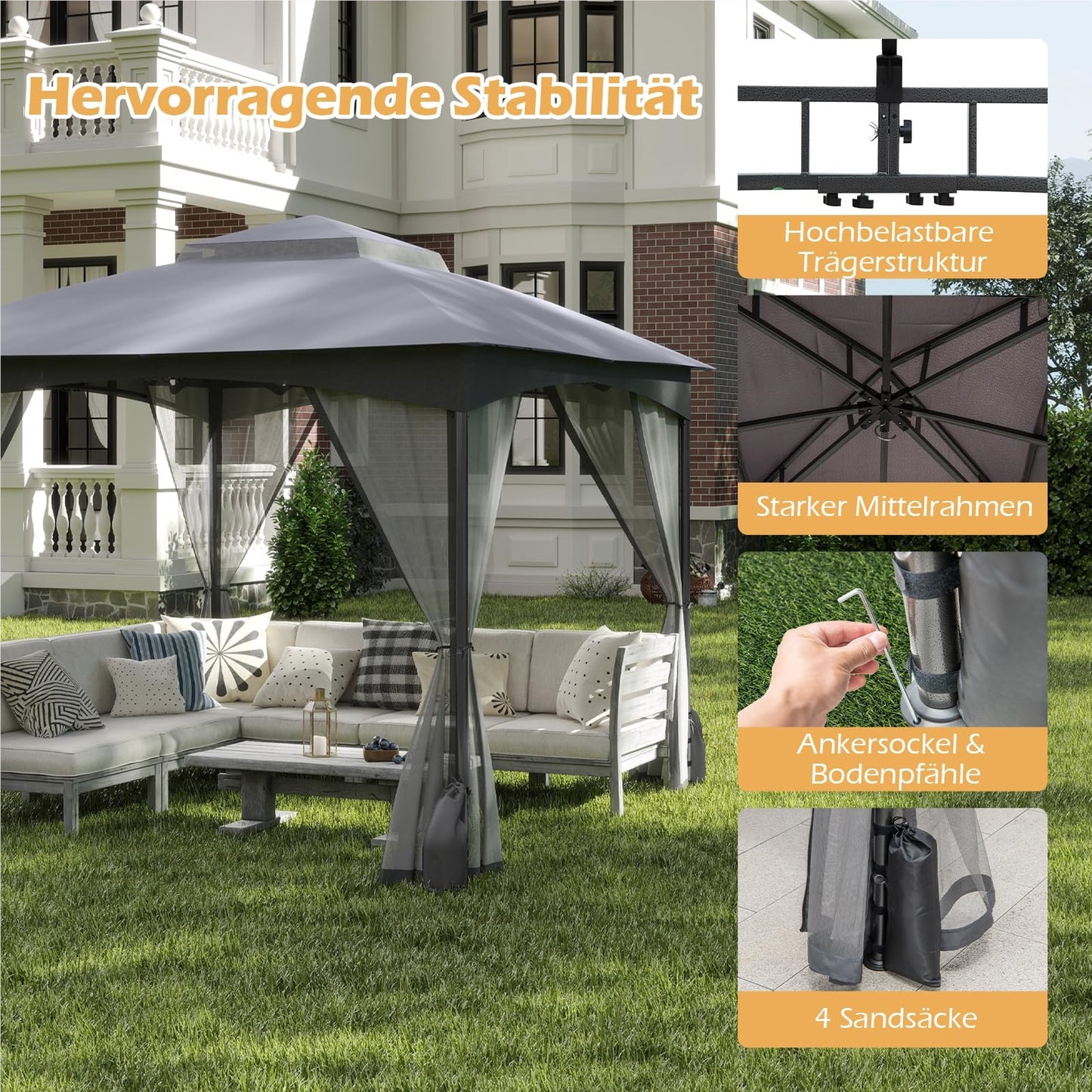 3 x 3 m Garden Gazebo with 4 Sandbags & 4 Mosquito Nets & Double Roof, Waterproof & Sturdy & Winterproof, Garden Tent with Hooks, Party Tent for Terrace & Garden (Gray)