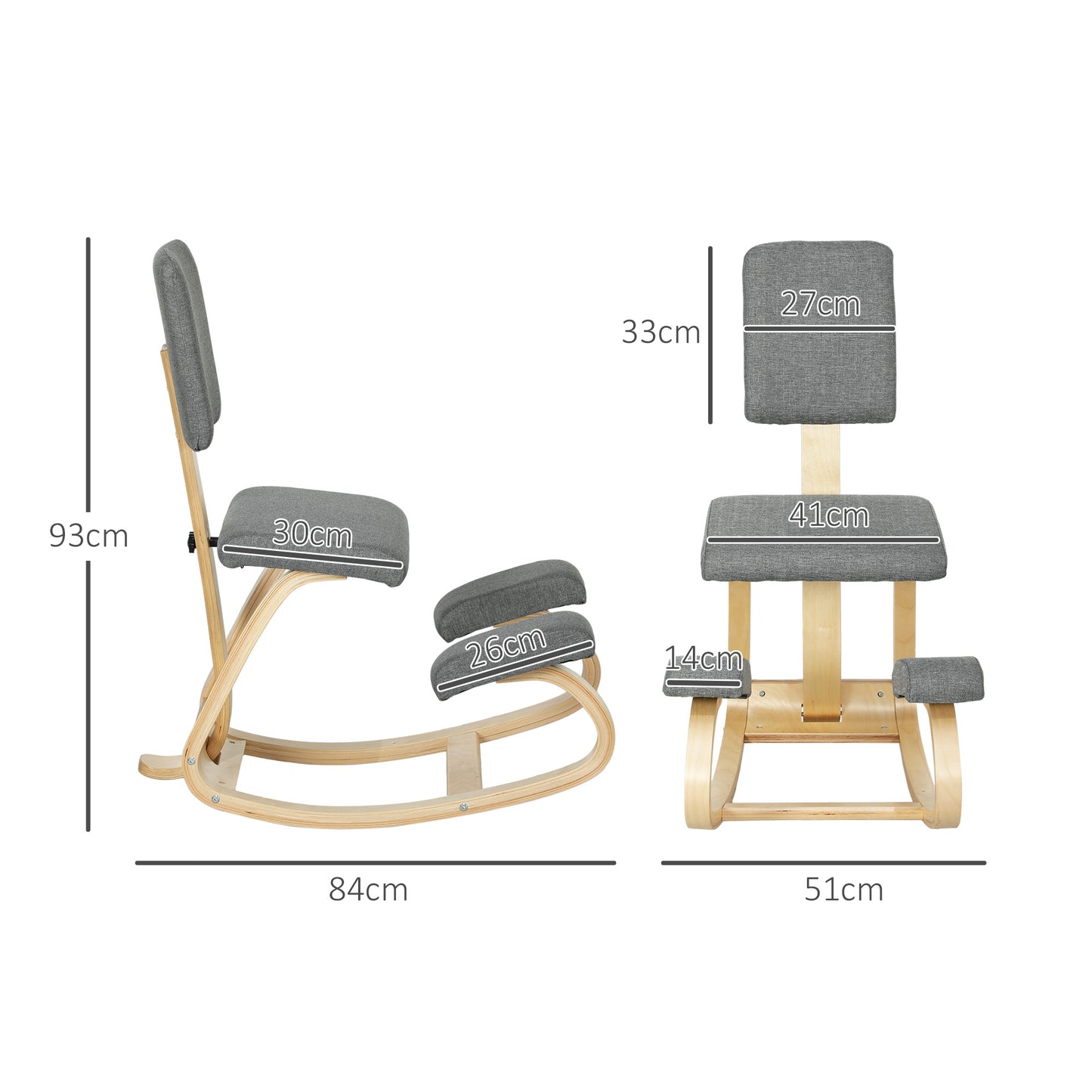 Kniestoel – Ergonomische Bureaustoel – Knielstoel – Zitknieler – Rocking Chair – Verbeterde Houding – Massief Beukenhout – Grijs