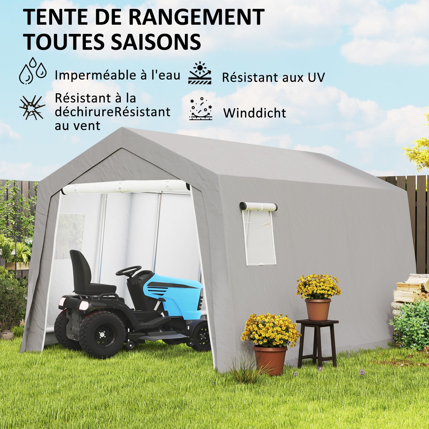 Fietsenstalling – Fietsberging – Fietsenhok – Tuinschuur – Opbergschuur – Waterdicht Polyester – Gegalvaniseerd Stalen Frame – 3 x 4,5 x 2,5 m – Lichtgrijs