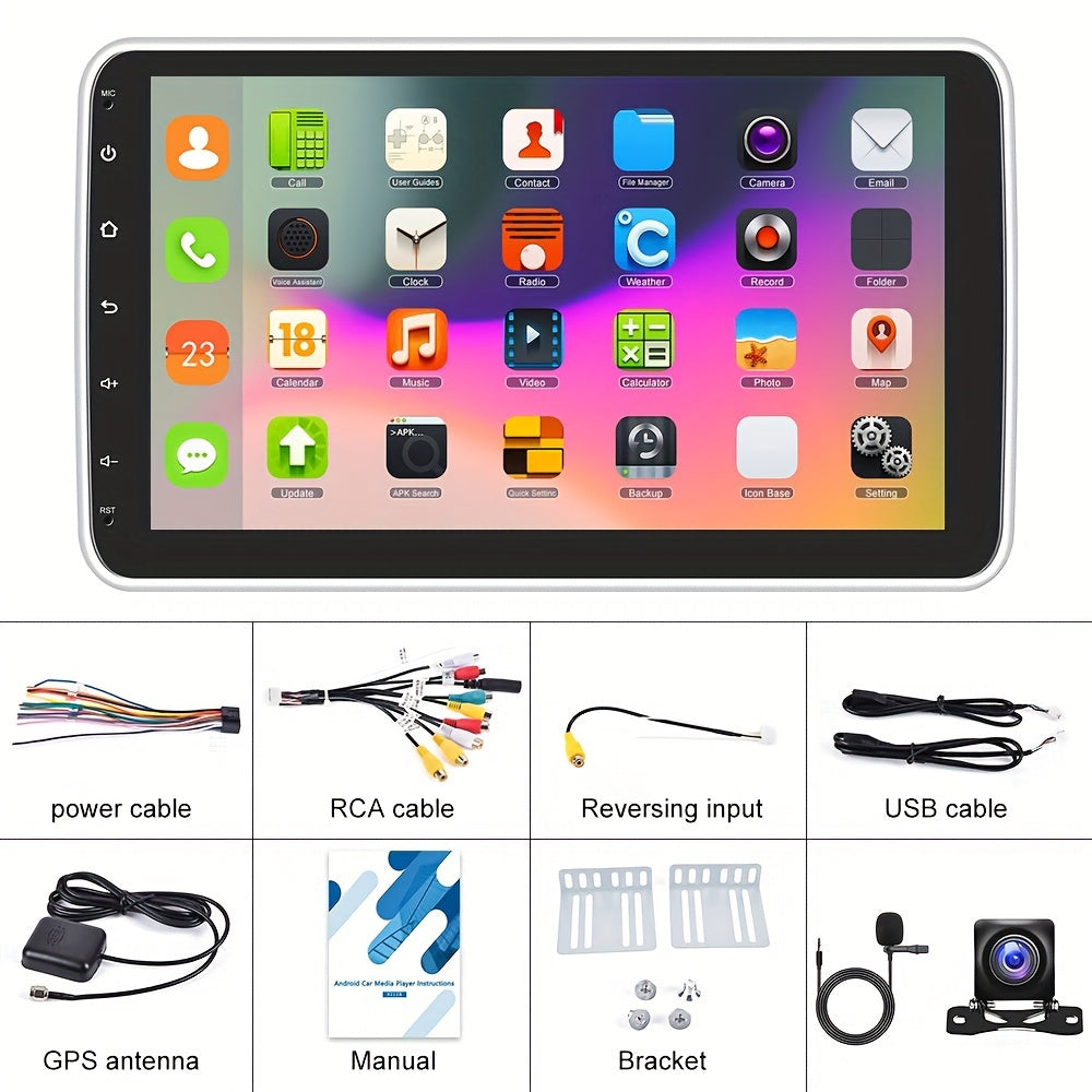 Autoradio - [2G+64G] 10 inch voor Android 13 Single Din autoradio met touchscreen, draaibare radio, draaibare head-unit, 1080P/SWC/GPS+AHD achteruitrijcamera en microfoon