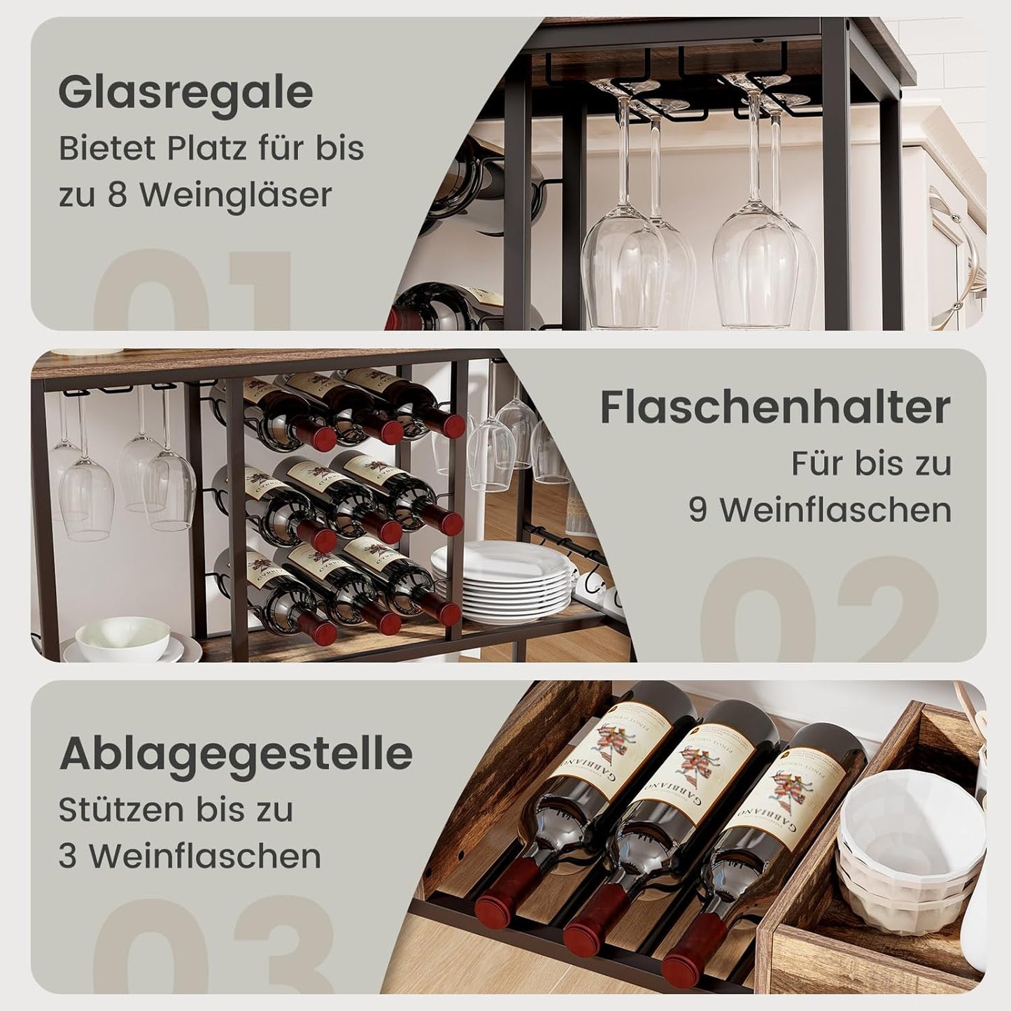 Barwagen – Serveerwagen – Drinkwagen – Wijnkar – Trolley – Industrieel Vintage Bruin – 3-laags Met 8 Glazenhouders – 9 Fleshouders