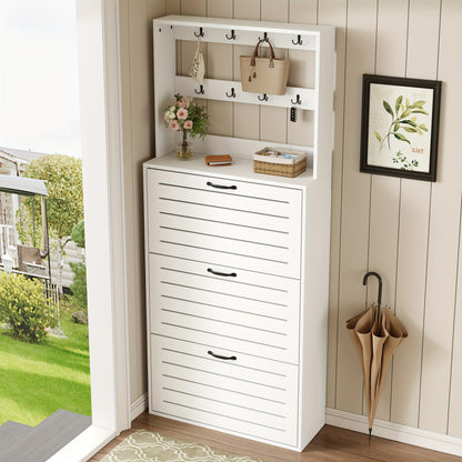 Haltafel – Sidetable – Wandtafel – Bijzettafel – Opbergkast – Wit – Verticale Ruimtebesparende Opberger – 3 Flipdeuren Met 8 Haken – 3,2+ Kubieke Voet Opbergruimte