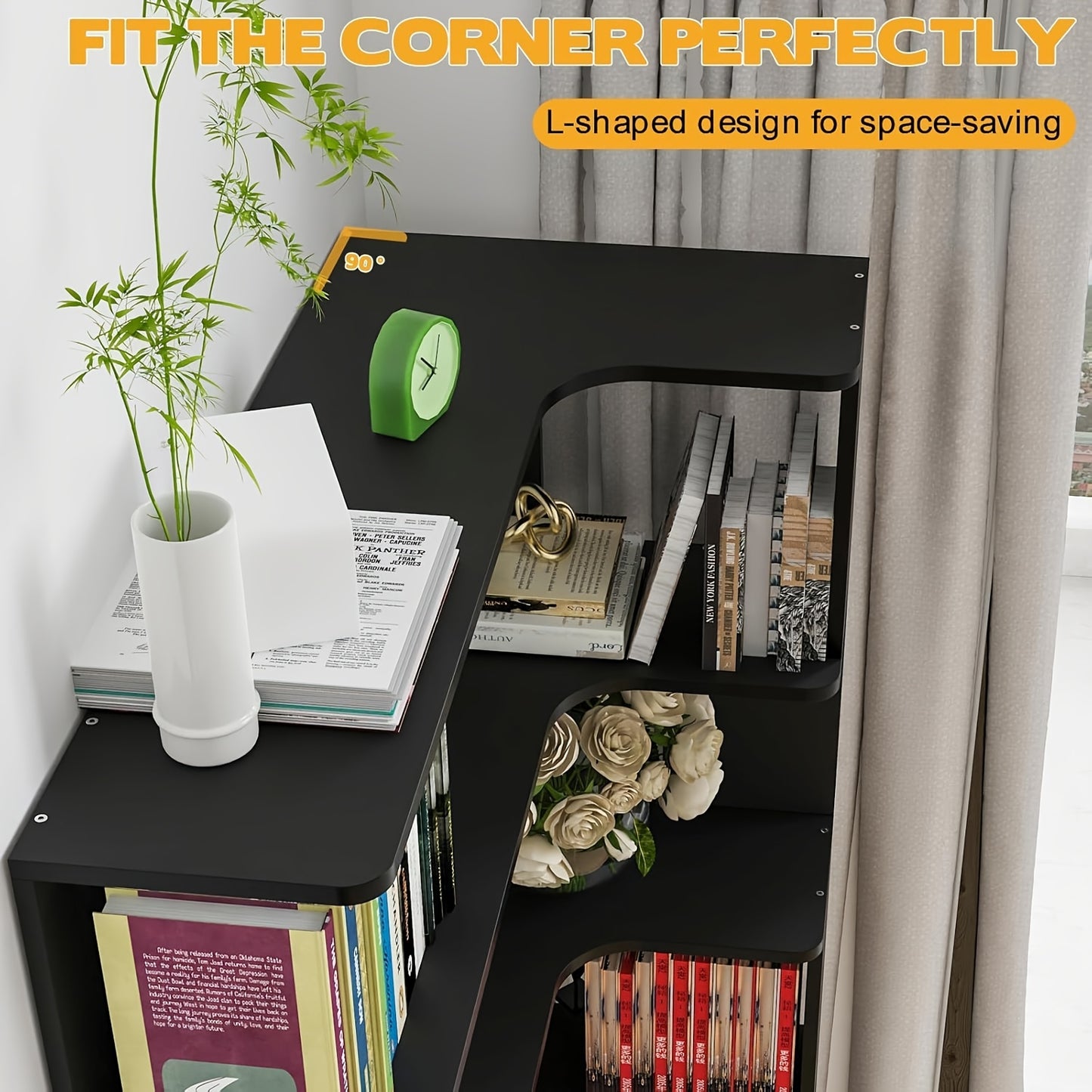 Boekenrek Hoekboekenkast Boekenplank Vakkenkast Stellingkast – Zwart – 5-laags – Hardhout & Spaanplaat – Vrijstaand Triangel Ontwerp – Ruimtebesparend – 68,5 cm Hoog – Eenvoudige Montage Zonder Gereedschap