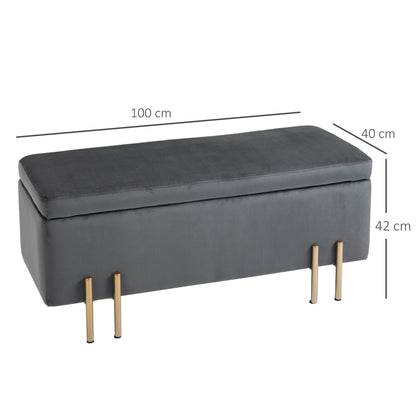 Bankje – Opbergbank – Zitbank – Opbergkist – Gestoffeerd – Donkergrijs – Met Opbergruimte – 100x40x42 cm – Rubberhout Frame – Metalen Poten