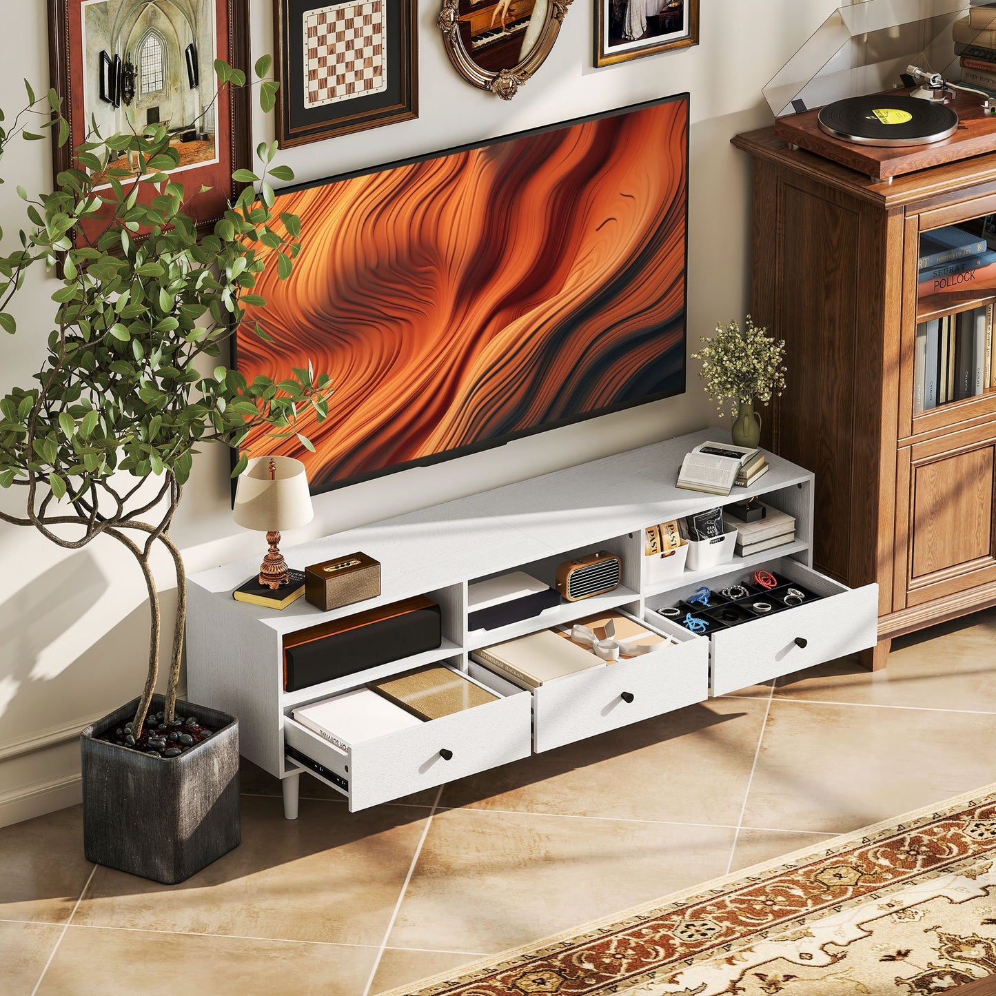 Tv-meubel – TV-kast – Televisiekast – TV-dressoir – Media-meubel – Voor televisies tot 75 inch – Met 3 lades en 3 open planken – Kabelmanagement – Wit spaanplaat