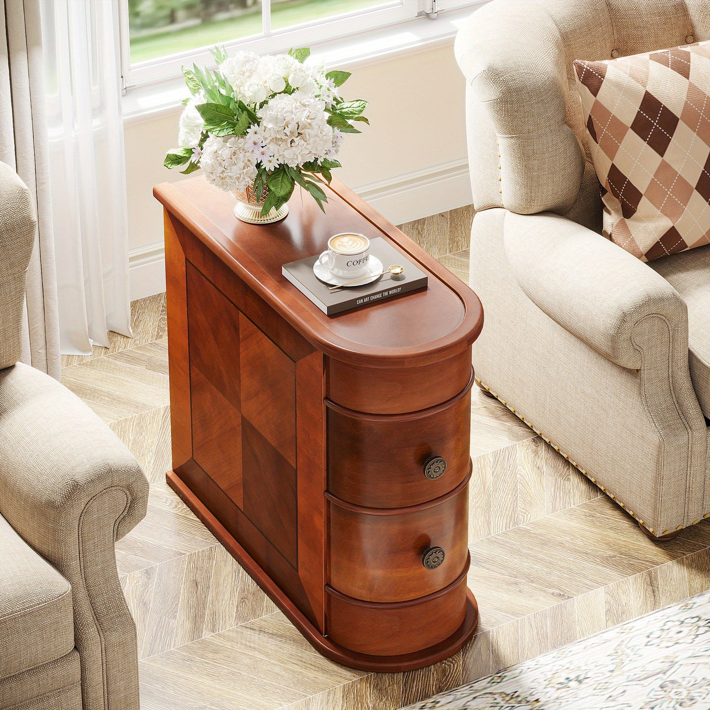 Houten Sidetable – Bedtafel – Nachtkastje – Smalle Bijzettafel – Opbergtafel – Massief Hout – Geen Montage Nodig – Met Lade – Multifunctioneel