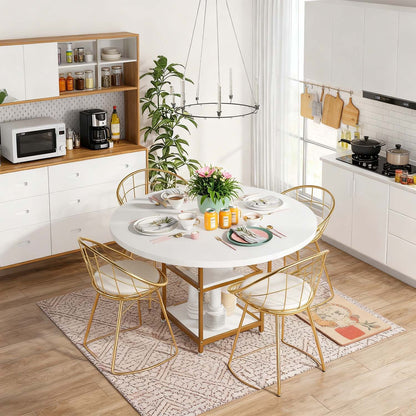Eettafel – Keukentafel – Ronde Tafel – Eetkamertafel – Inklapbare Tafel – 119 cm Rond – 2-laags Opbergruimte – Wit Gouden Farmhouse Design