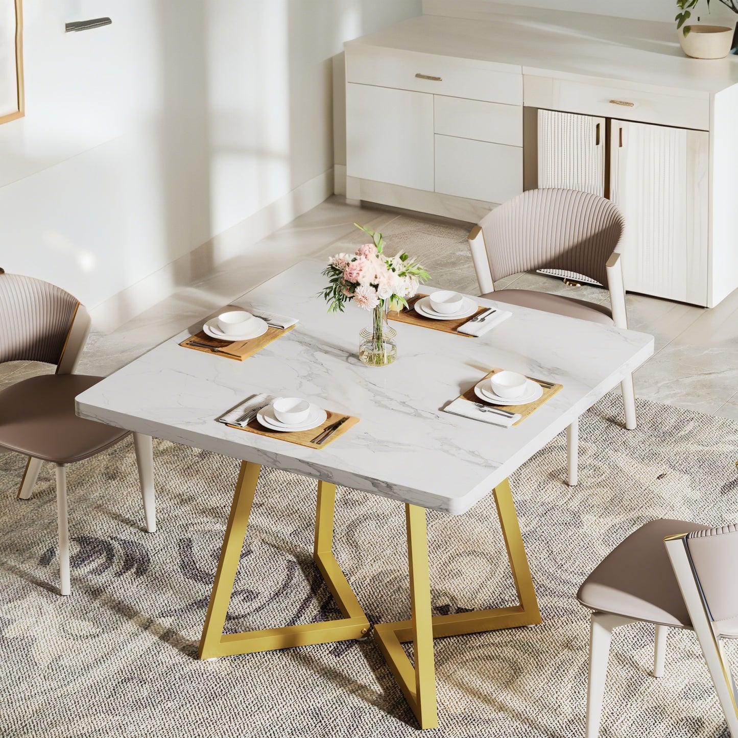 Kleine Eettafel – Tafel – Dinertafel – Keukentafel – Appartementstafel – Vierkante Moderne Tafel Wit Goud – Ruimtebesparend – Duurzaam Houten Blad