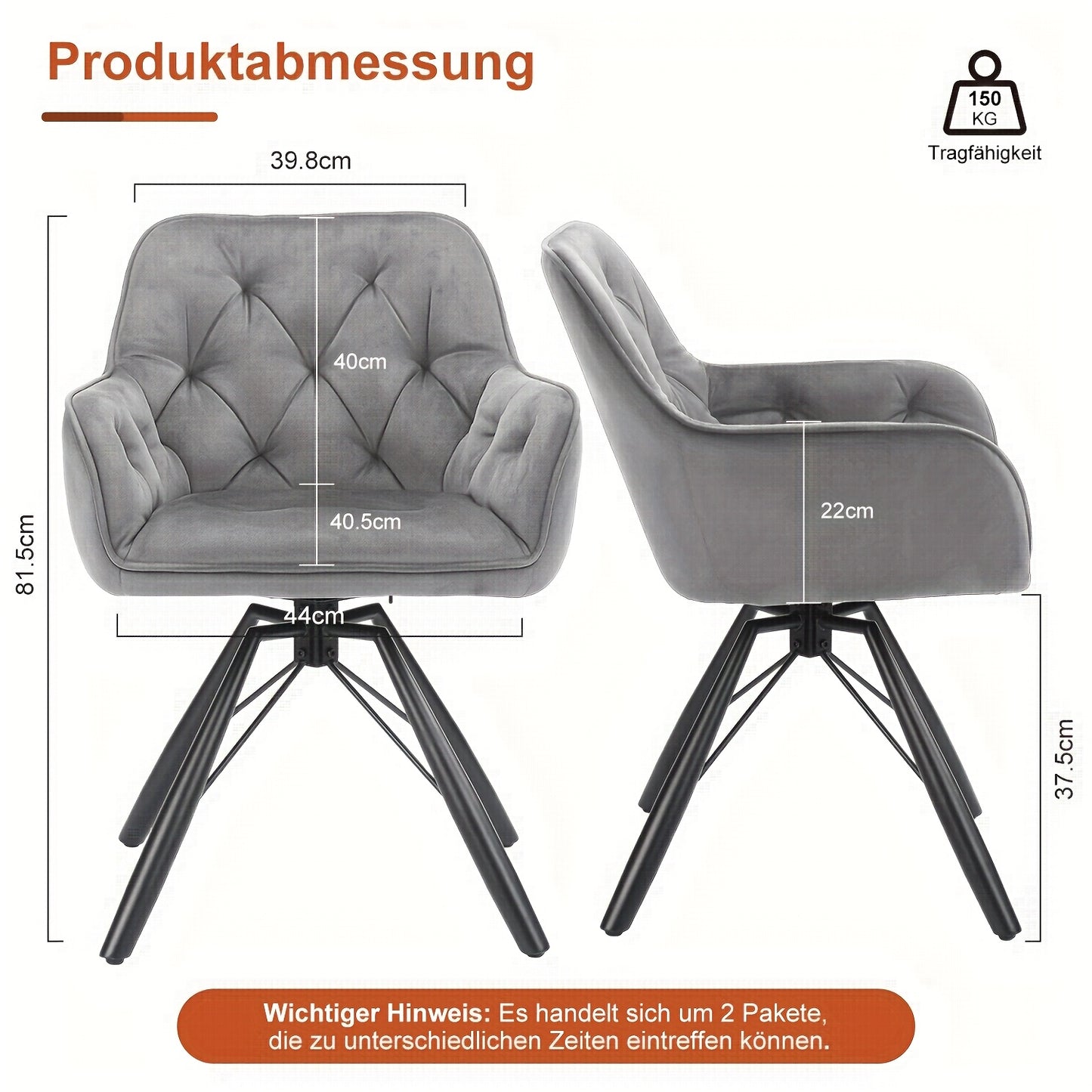 Draaibare Eetkamerstoelen – Eetkamerstoelen Set – Bureaustoelen Zonder Wielen – Comfortabele Stoelen – Stoelen Met Armleuningen – 360° Draaibaar – Fluwelen Bekleding – Metalen Poten – Grijs – Set Van 2