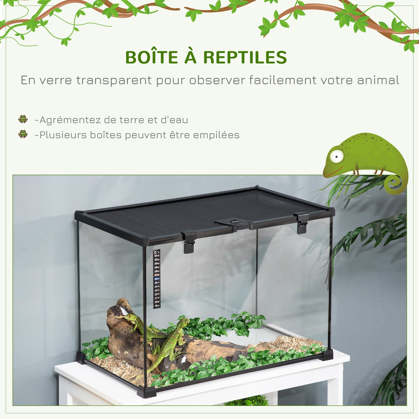 Terrarium – Reptiel Terrarium – Glas Terrarium – Reptielenkooi – Faunarium – Transparant Glas – Met Metalen Gaas – Inclusief Waterdistributeur en Thermometer – 50x30x35 cm