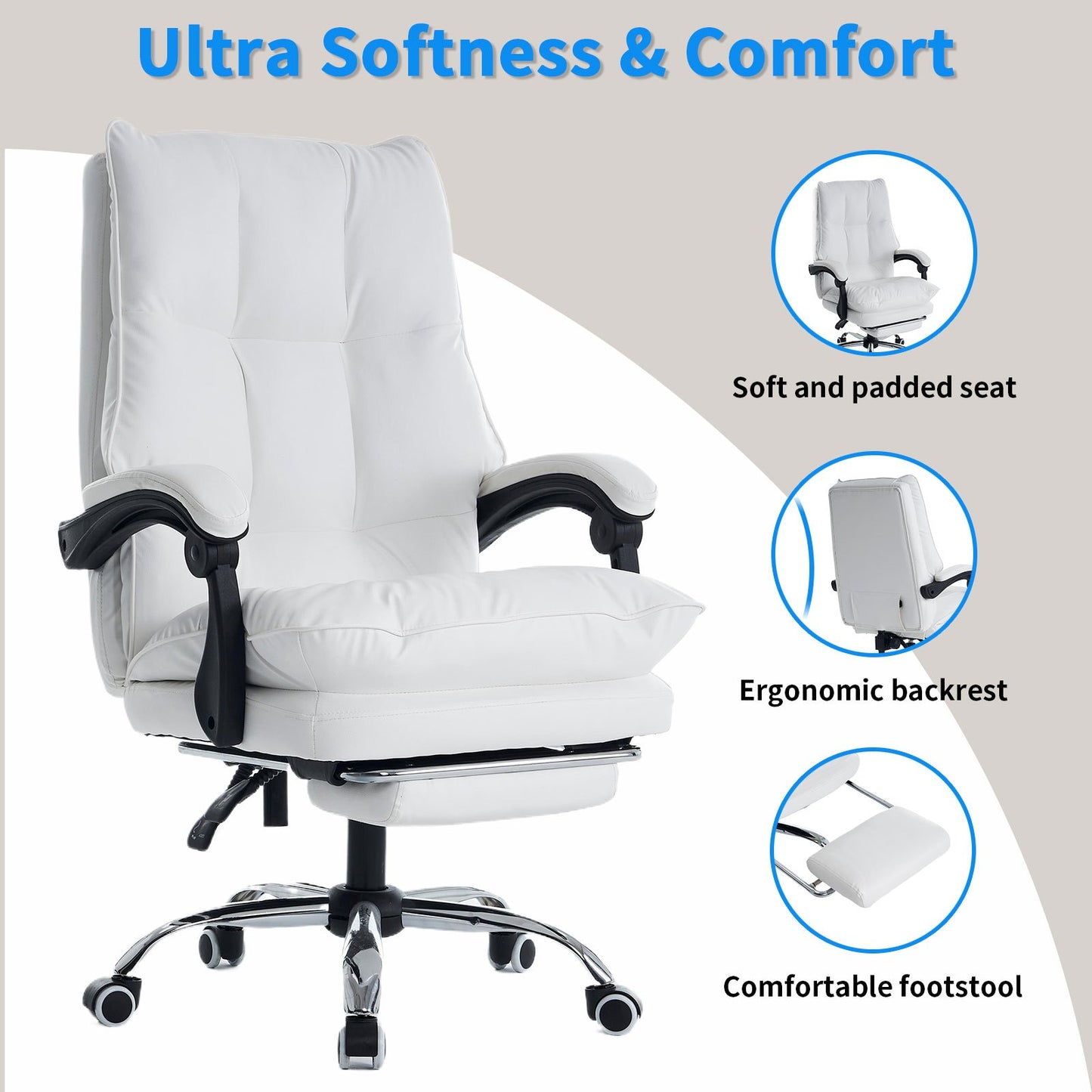Bureaustoel – Office Chair – Gamestoel – Draaistoel – Bureaukruk – Ergonomisch Design – Verstelbare Hoogte & Lendensteun – Flip-up Armleuningen – Wit – Stille Wielen – Verbreding & Verbeterd Zitcomfort