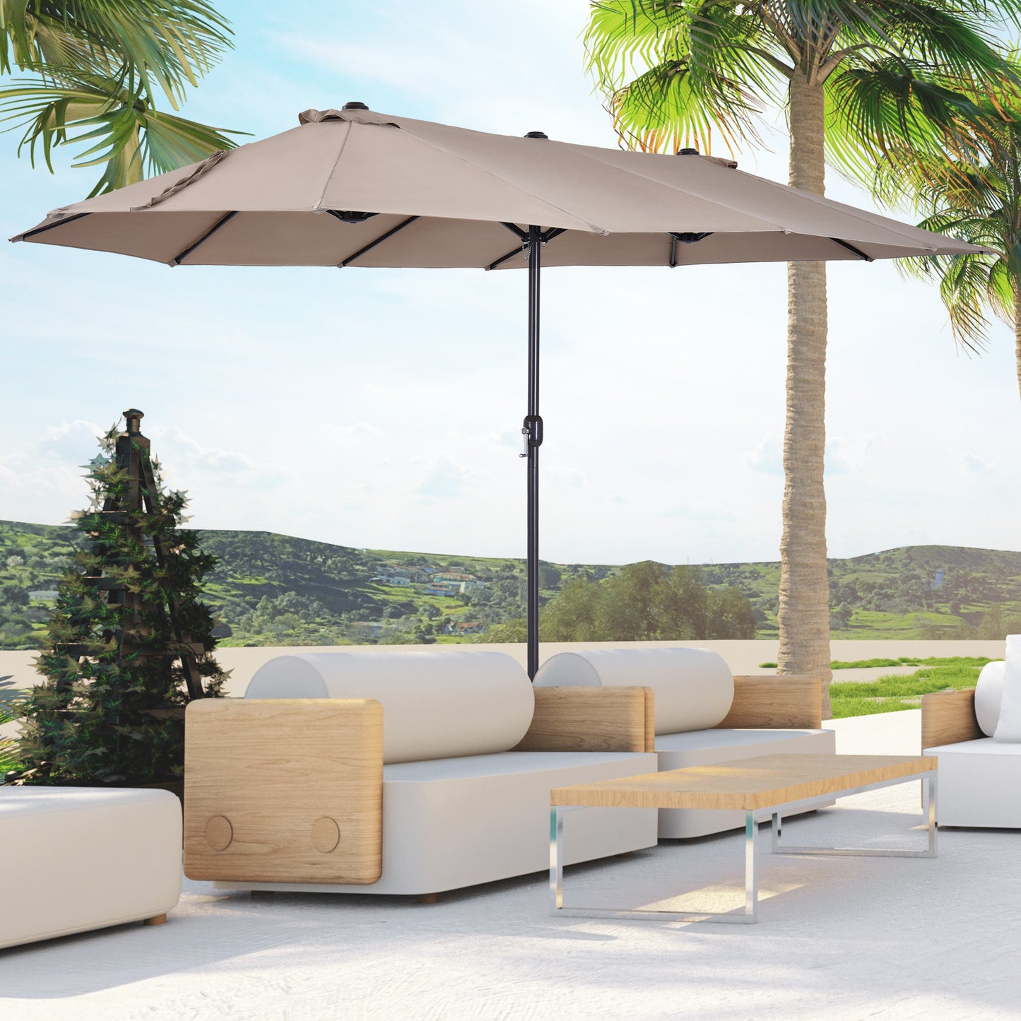 Dubbele Parasol – Grote Tuinparasol – Dubbele Zonnescherm – Outdoor Schaduwdoek – Lichtbruine Parasol – Draaiknop Opening – Stalen Frame 460x270x240 cm