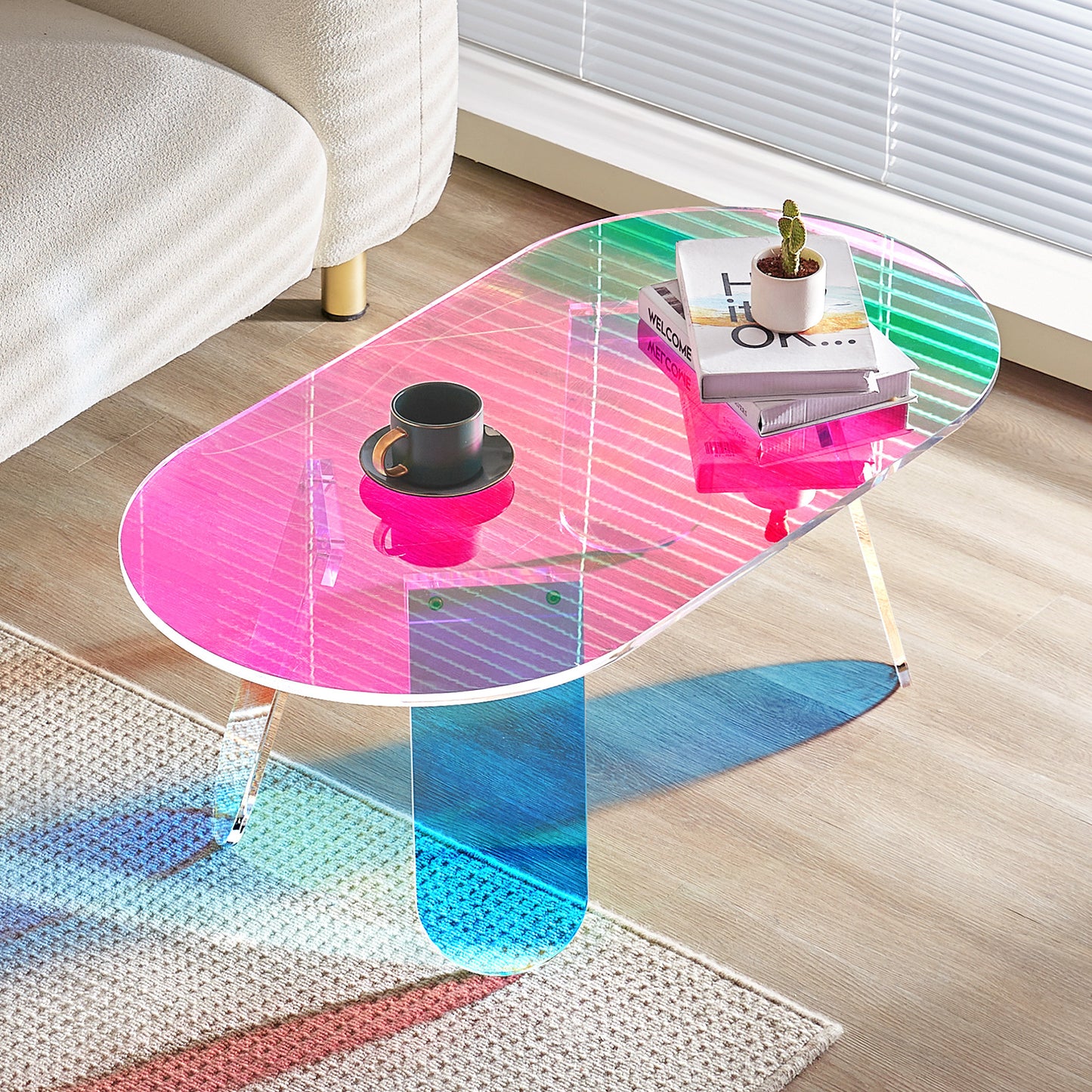 Acryl Bijzettafel – Acryl Salontafel – Bijzettafel Transparant – Kleurrijke Bijzettafel – Iriserende Tafeltje – Compact 35 cm Hoog – Duurzaam Makkelijk Schoon Te Maken