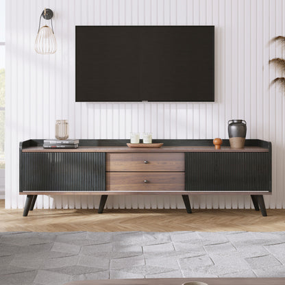 TV-meubel – Tv-kast – Lowboard – Dressoir – Tv-onderkast – Verstelbaar 101,6-124,5 cm – Zwarte Spaanplaat – Twee Schuifdeuren en Lades