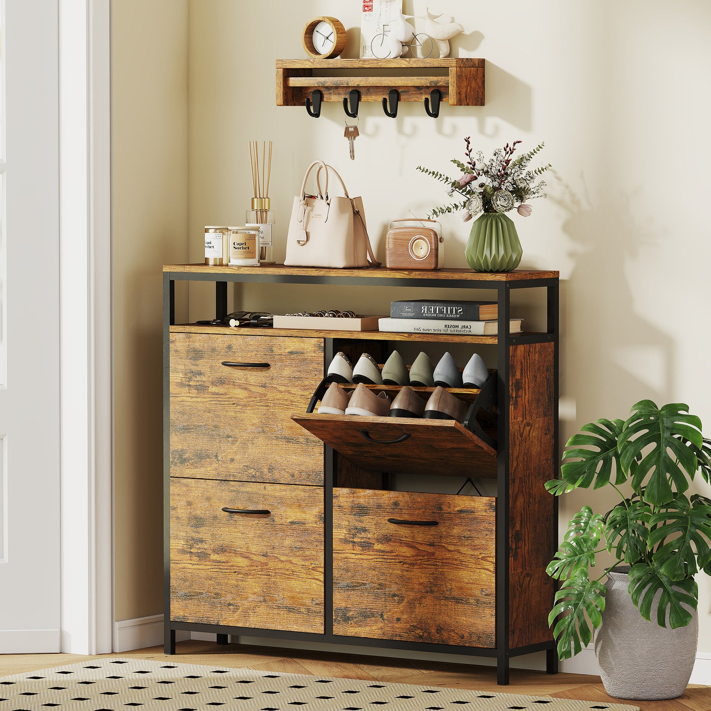 Schoenenkast – Schoenenrek – Schoenenopberger – Schoenendisplay – Schoenenmeubel – Rustic-Bruin – Smal Ontwerp – 4 Opvouwbare Lades