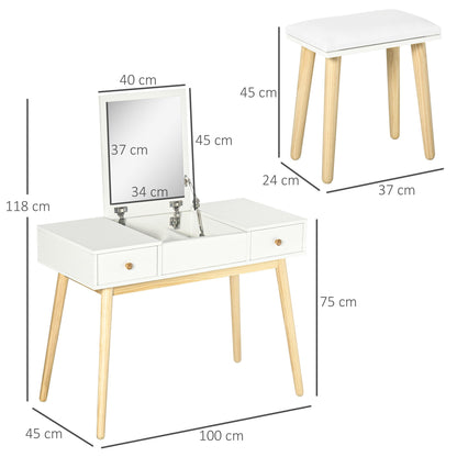 Kaptafel – Make-uptafel – Schminktisch – Dressingtable – Sieradentafel – Inklapbare Spiegel – 2 Ruime Lades – Witte Scandinavische Stijl – Compact 100x45x118 cm