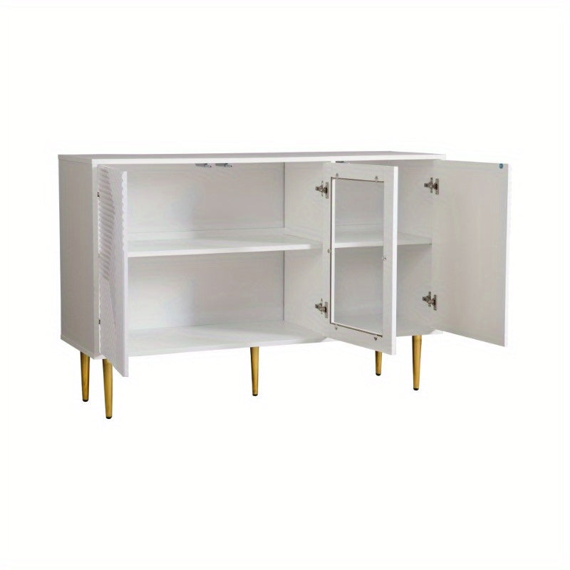 White Commode 3 Doors Glass Front Metal Legs Modern Storage Cabinet 120 cm Wide 38 cm Deep 79.5 cm High Dresser Chest of Drawers