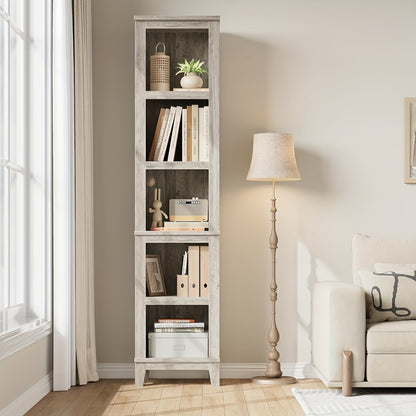 5-Tier Farmhouse Bookcase with Open Storage Shelves - Freestanding Space-Saving Vertical Bookshelf, Modern Rustic Tall Bookcase Tower with Sturdy Hardwood Construction, Gray Finish & Natural Wood Grain for Living Room, Home O