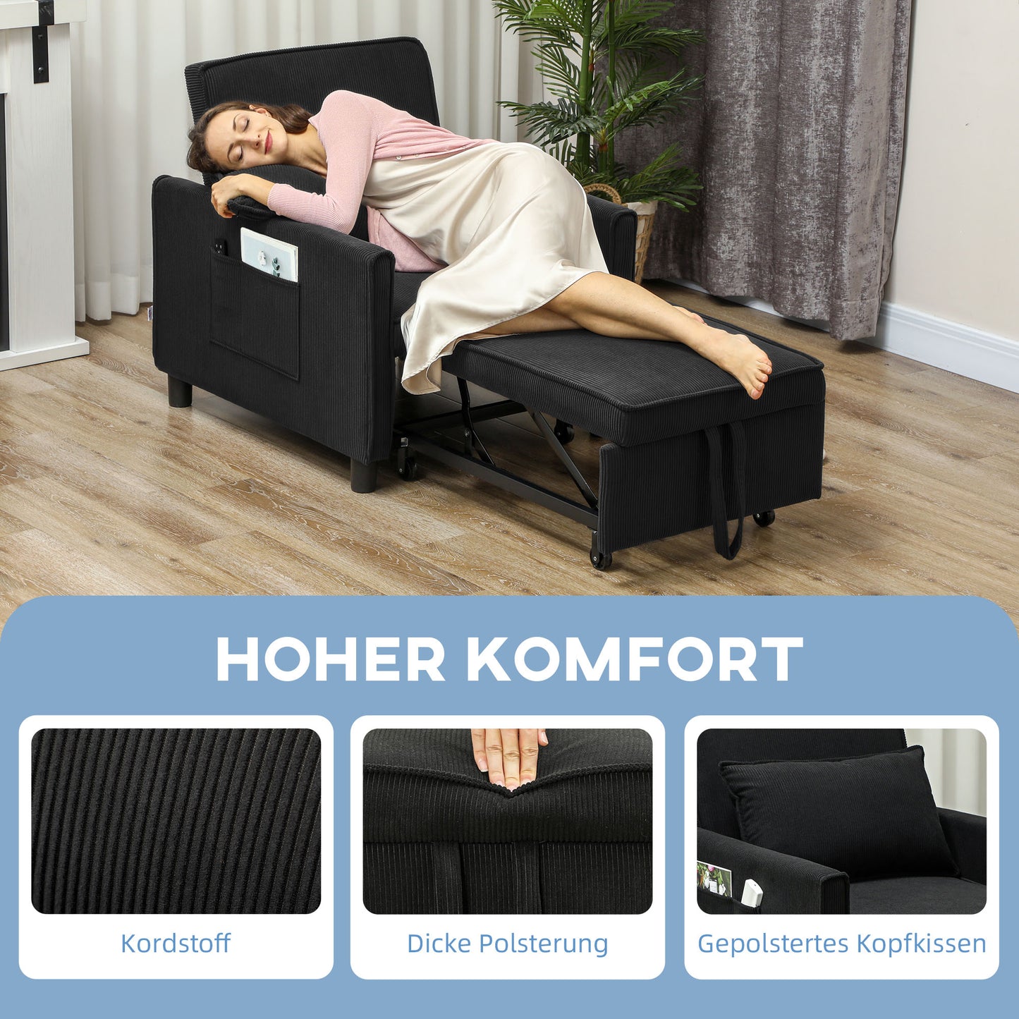 Slaapstoel – Slaapbank – Logeerbed – Slaapfauteuil – Vouwbed – Verstelbare Rugleuning – Cordstof Bekleding – Met Wieltjes en Zijvak – Blauw