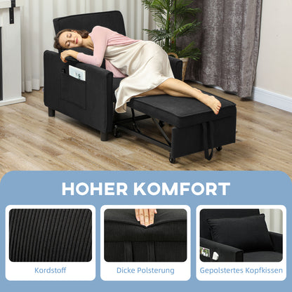 Slaapstoel – Slaapbank – Logeerbed – Slaapfauteuil – Vouwbed – Verstelbare Rugleuning – Cordstof Bekleding – Met Wieltjes en Zijvak – Blauw