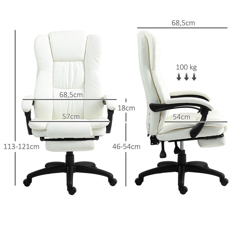 Adjustable Height Swivel Office Chair with Footrest & Massage Function - Heavy-Duty Metal Frame, Ergonomic High-Back Design, Cream White, Height-Adjustable Mechanism, 5-Wheel Base with 360° Rotation for Home Office & Profess